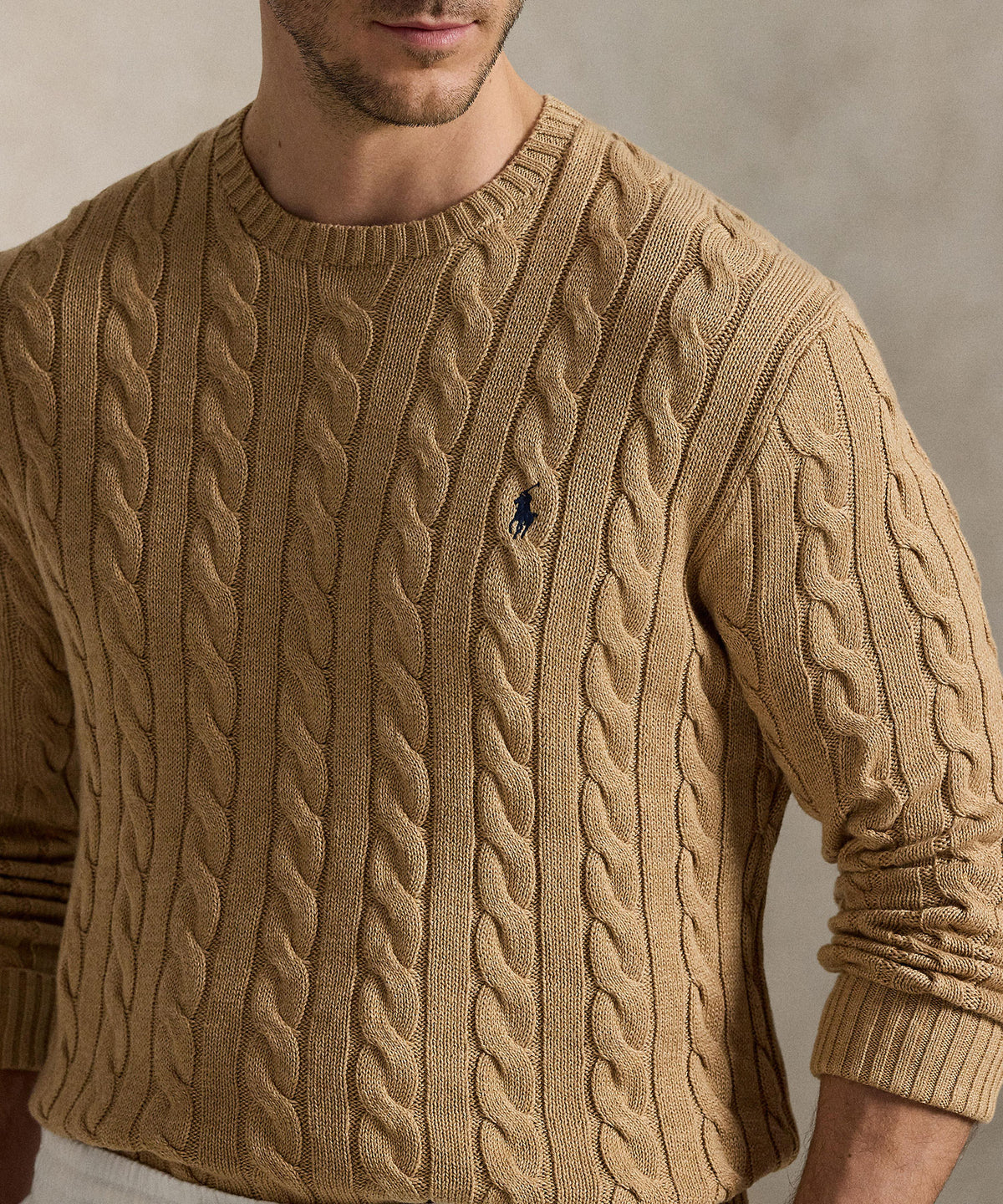 Polo Ralph Lauren Cotton Cable Crew Neck Sweater - Camel Melange, Men's Big & Tall