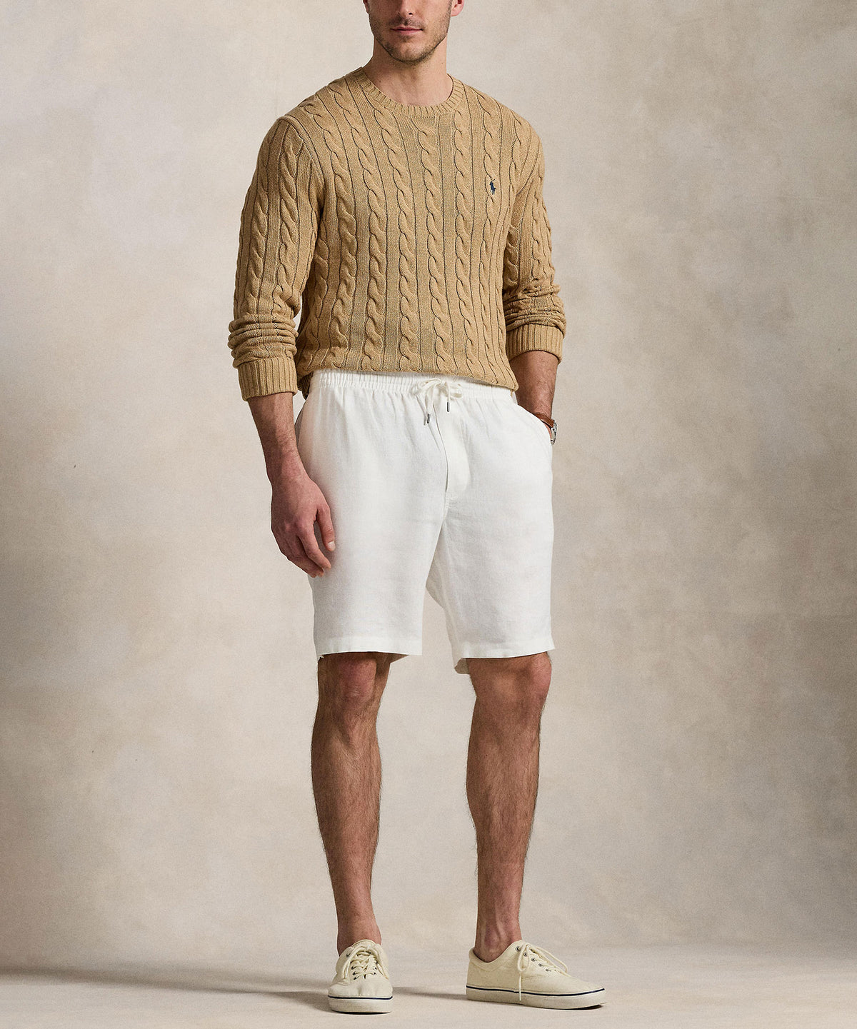 Polo Ralph Lauren Cotton Cable Crew Neck Sweater - Camel Melange, Men's Big & Tall