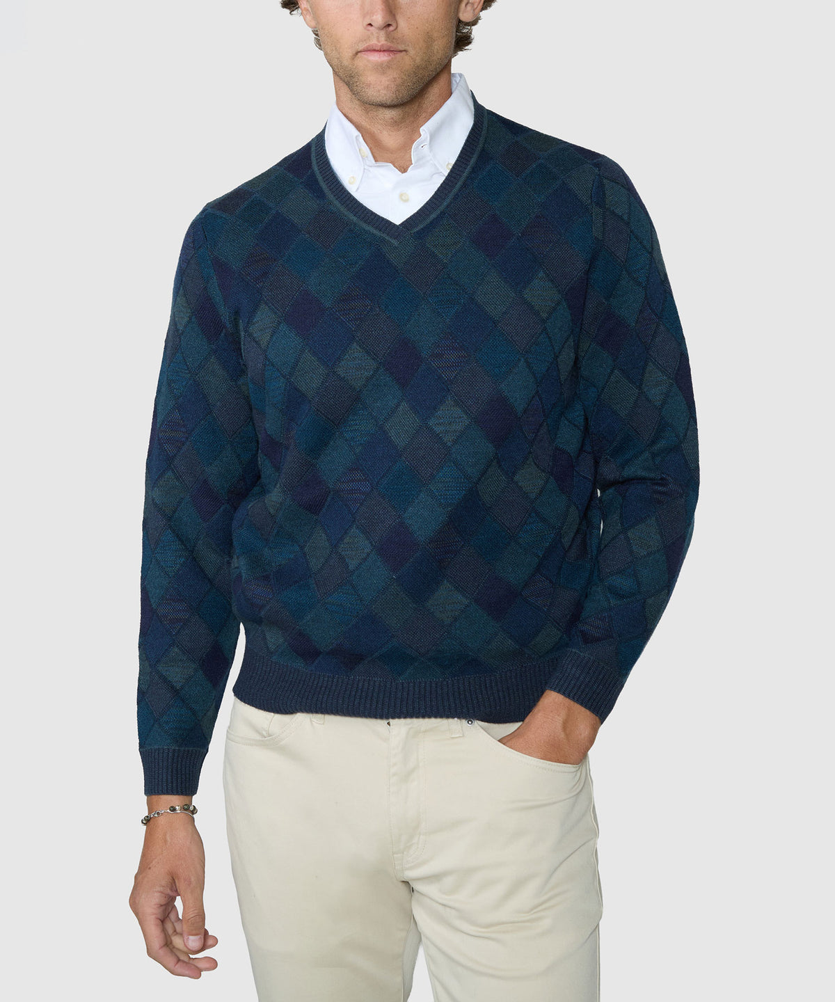 Men's v-neck diamond-knit sweater in dark teal/blue, long sleeves with ribbed hem - Forest, Westport Black Men's Big & Tall