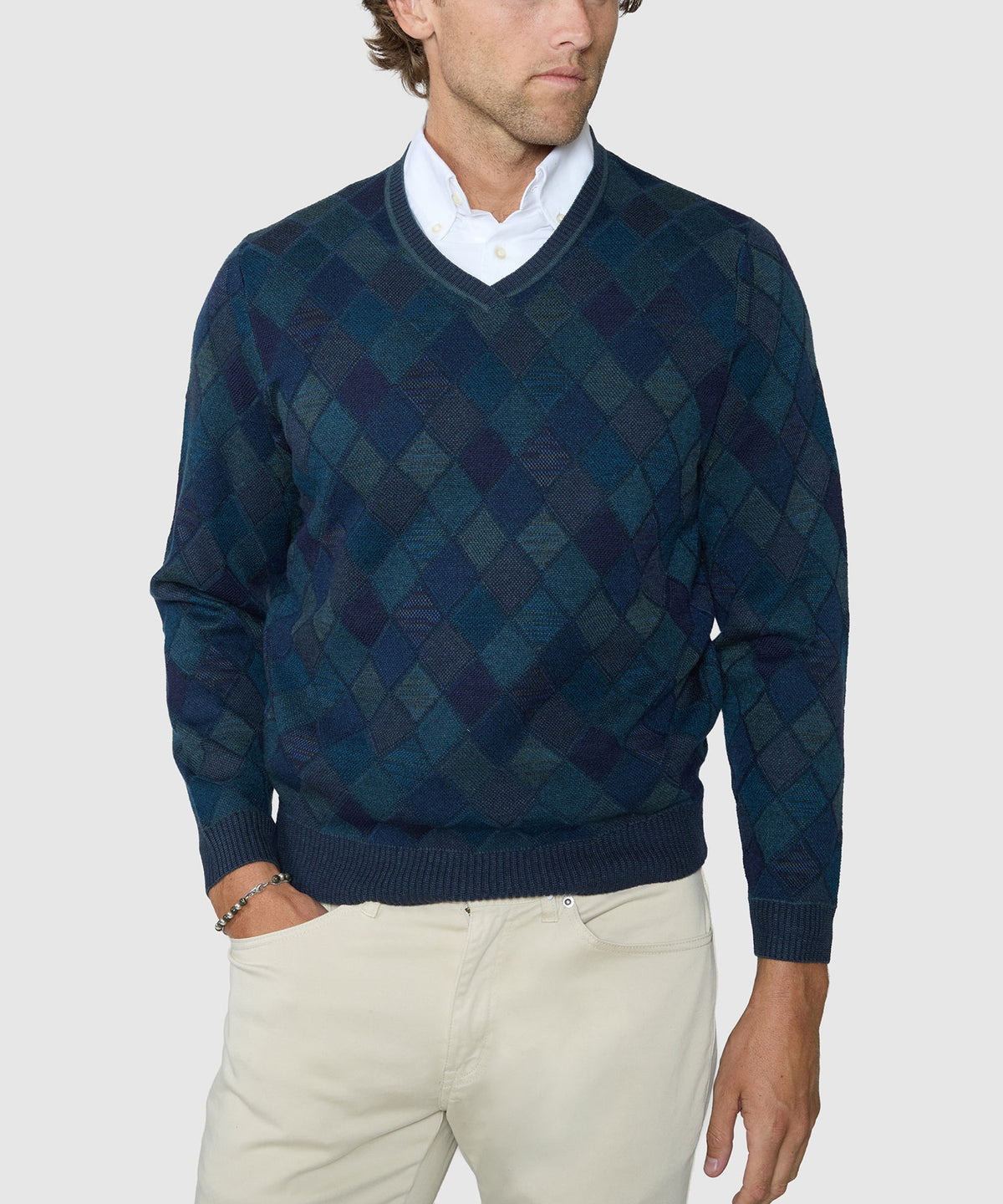 Men's textured diamond v-neck sweater, dark teal/blue, long sleeves, ribbed hem - Forest, Westport Black Men's Big & Tall