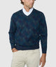 Men's textured diamond v-neck sweater, dark teal/blue, long sleeves, ribbed hem - Forest