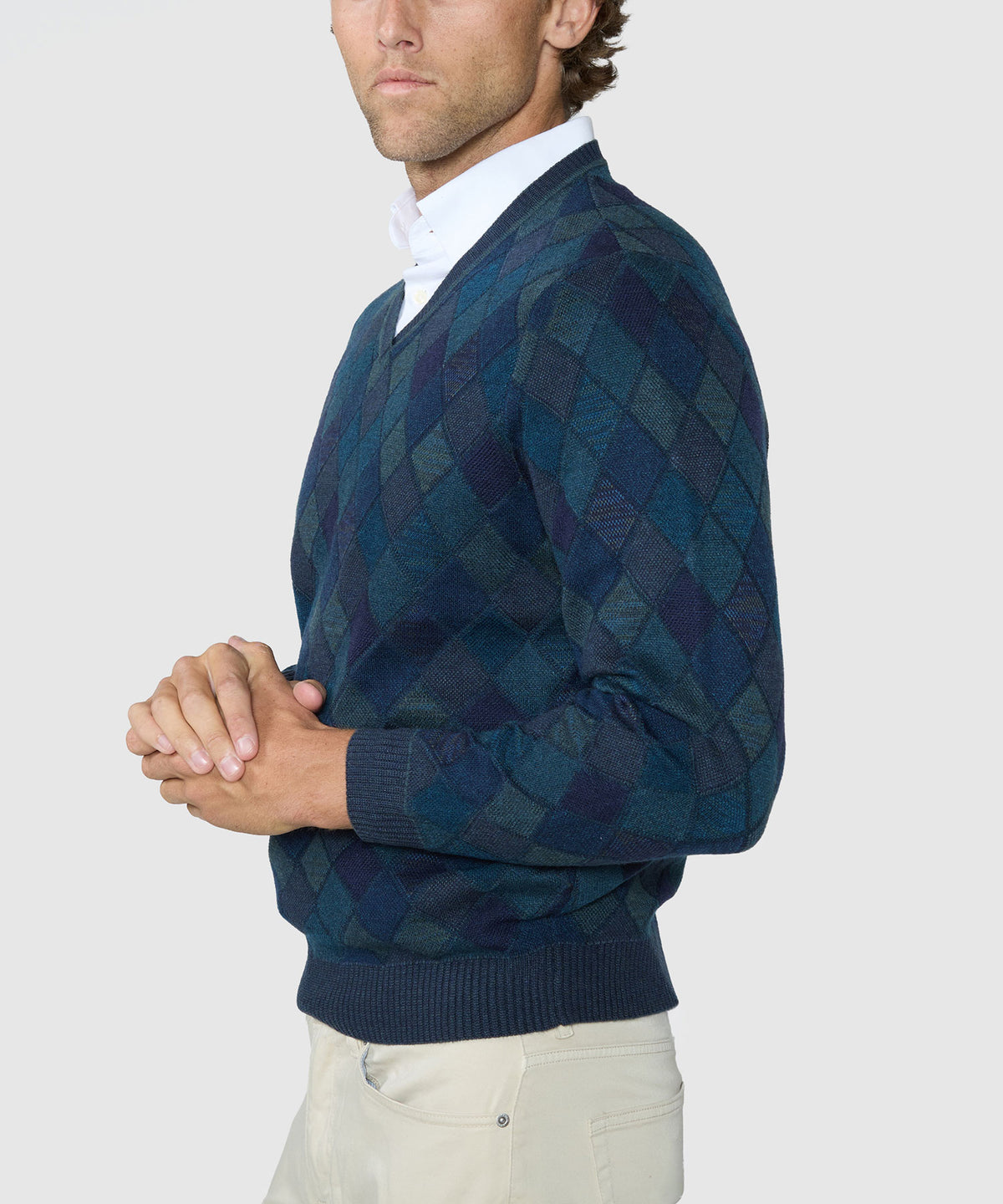 Men's v-neck diamond sweater in dark teal/blue, long sleeves and ribbed cuffs - Forest, Westport Black Men's Big & Tall