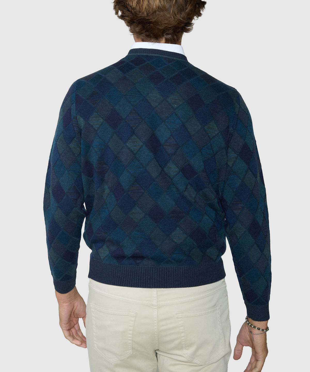 Men's back view of v-neck textured diamond sweater, dark teal/blue, ribbed hem - Forest, Westport Black Men's Big & Tall