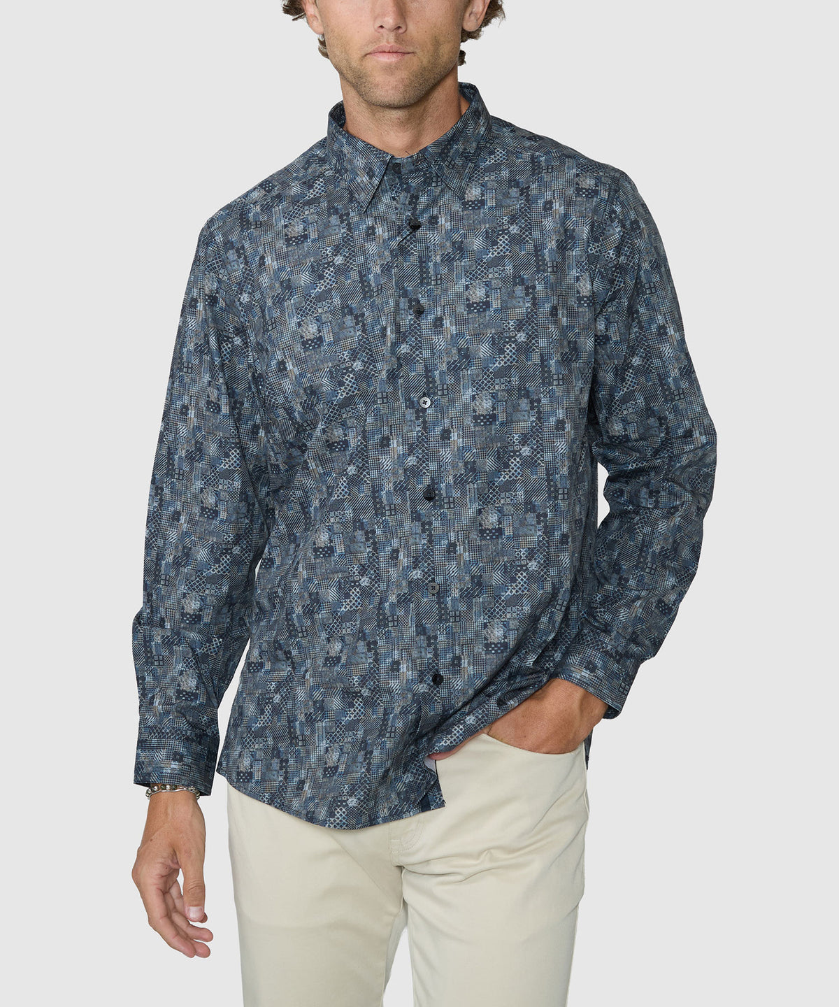 Men's blue patch-print sport shirt worn with light pants, button-front - Eucalyptus, Westport Black Men's Big & Tall