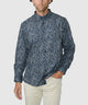 Men's blue patch-print sport shirt worn with light pants, button-front - Eucalyptus