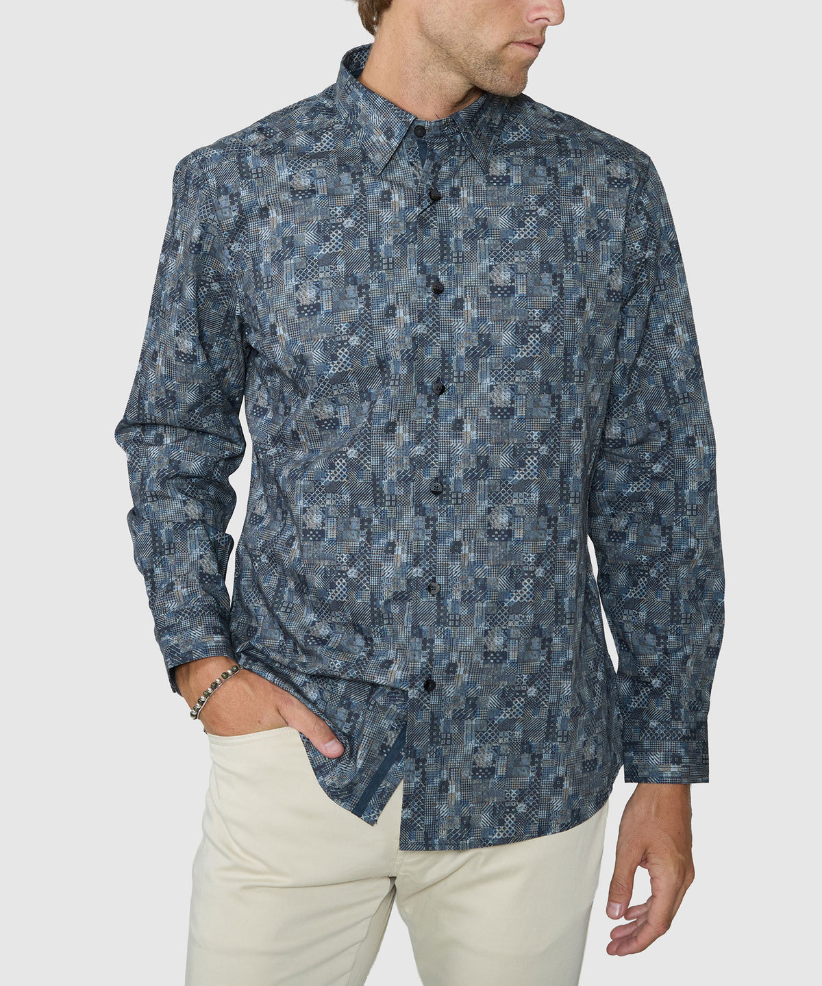 Men's blue patch-print sport shirt, point collar and button front - Eucalyptus, Westport Black Men's Big & Tall