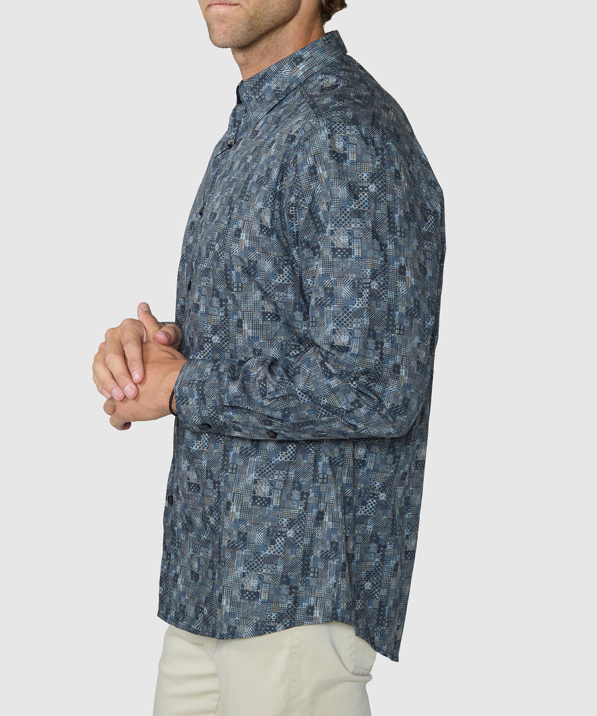 Men's blue patch-print sport shirt, side profile with button cuffs - Eucalyptus, Westport Black Men's Big & Tall