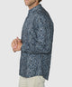 Men's blue patch-print sport shirt, side profile with button cuffs - Eucalyptus