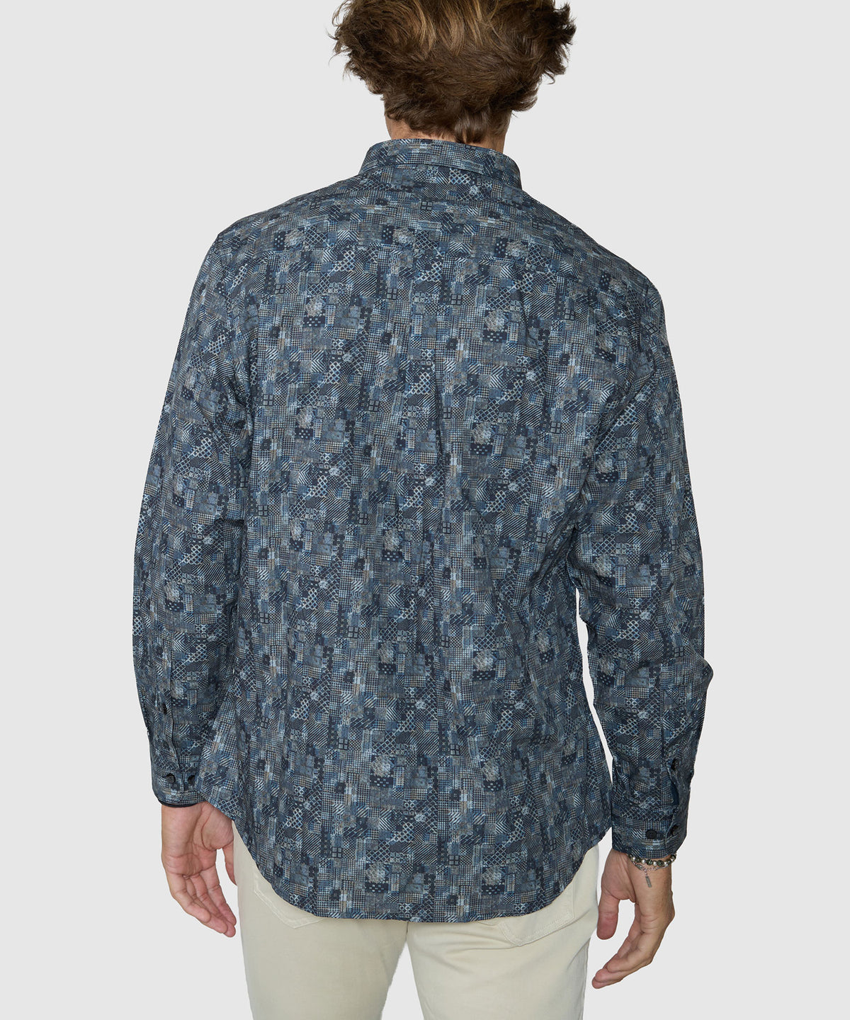 Men's blue patch-print sport shirt, back view with long sleeves - Eucalyptus, Westport Black Men's Big & Tall