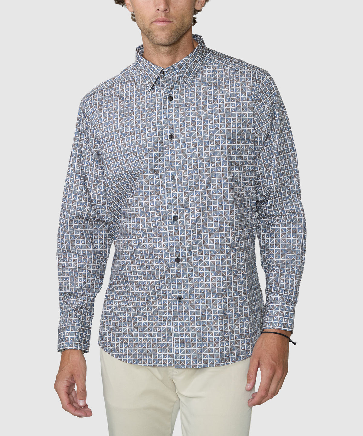 Blue-gray quad square print sport shirt on model, button-front and long sleeves., Westport Black Men's Big & Tall