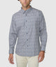 Blue-gray quad square print sport shirt on model, button-front and long sleeves.