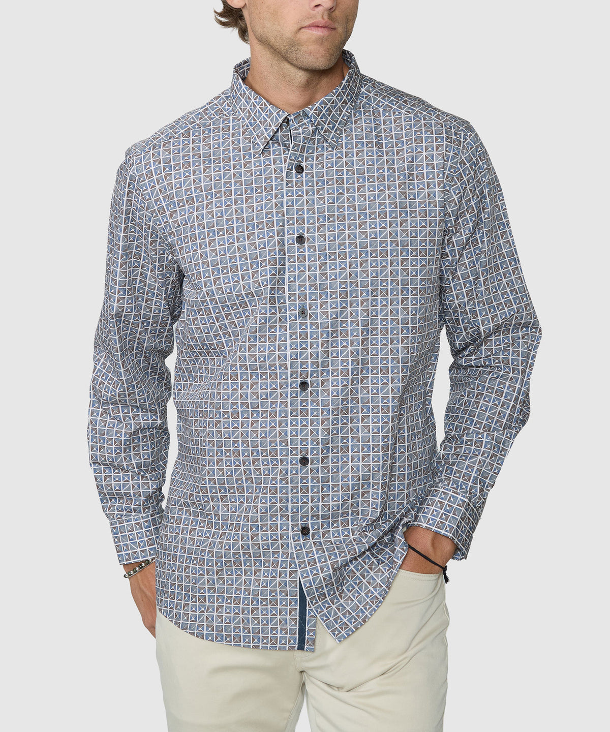 Blue-gray quad square print sport shirt, button-front, long sleeves, spread collar details., Westport Black Men's Big & Tall