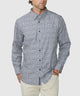 Blue-gray quad square print sport shirt, button-front, long sleeves, spread collar details.