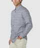 Blue-gray quad square print sport shirt, side view with button-front and long sleeves.