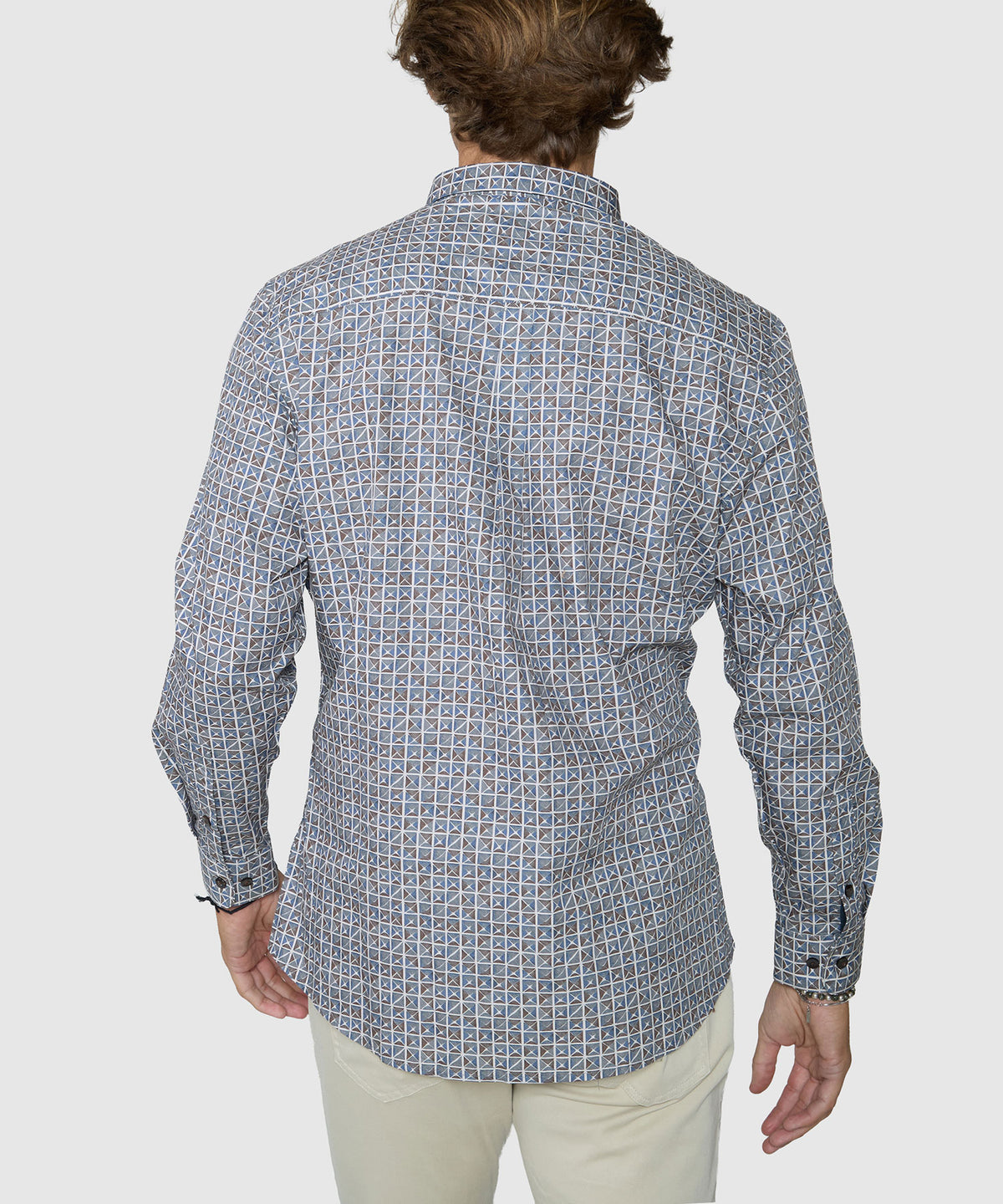 Blue-gray quad square print sport shirt, back view, long sleeves and button-front., Westport Black Men's Big & Tall