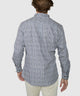 Blue-gray quad square print sport shirt, back view, long sleeves and button-front.