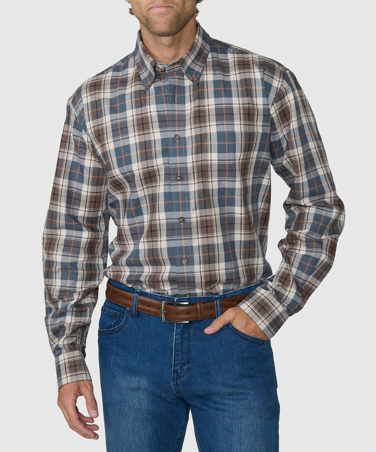 Men's plaid button-down shirt with long sleeves and brown, tan, and blue checks, Westport Black Men's Big & Tall