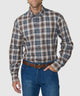 Men's plaid button-down shirt with long sleeves and brown, tan, and blue checks