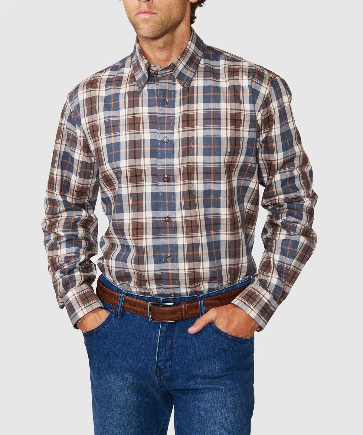 Plaid button-down long-sleeve sport shirt with brown, tan, and blue check pattern, Westport Black Men's Big & Tall