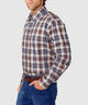 Men's plaid button-down long-sleeve shirt shown from side, brown and blue checks