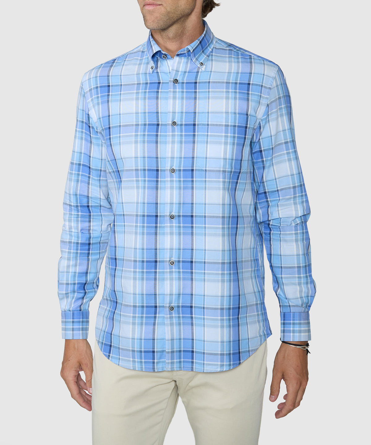 Men's blue plaid button-down long-sleeve shirt with pointed collar and chest buttons, Westport Lifestyle Men's Big & Tall