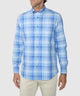 Men's blue plaid button-down long-sleeve shirt with pointed collar and chest buttons