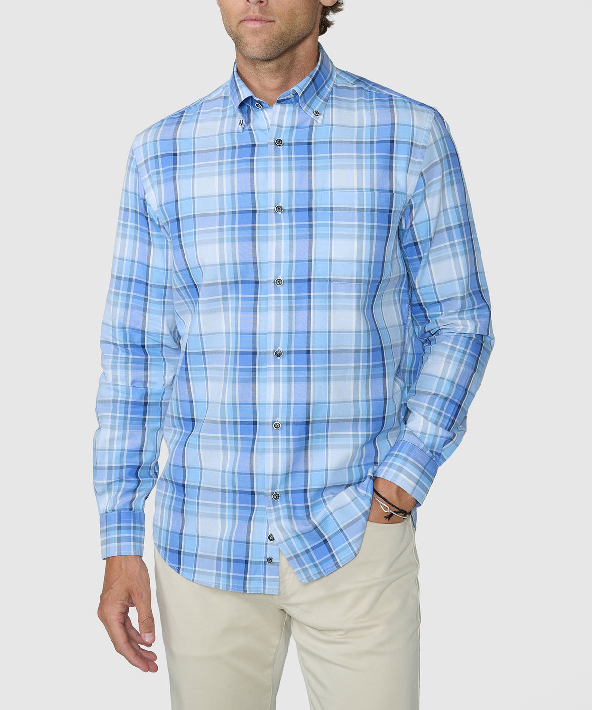 Men's blue plaid button-down long-sleeve shirt with button front and button cuffs, Westport Lifestyle Men's Big & Tall