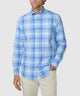 Men's blue plaid button-down long-sleeve shirt with button front and button cuffs