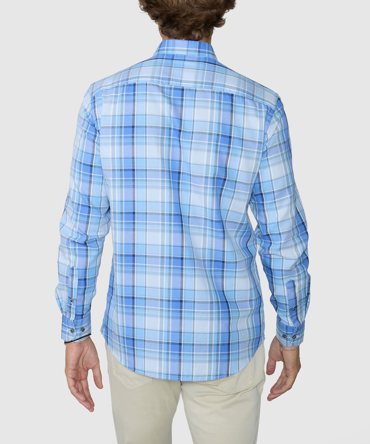Men's blue plaid long-sleeve button-down shirt with back yoke and collar, Westport Lifestyle Men's Big & Tall