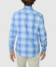 Men's blue plaid long-sleeve button-down shirt with back yoke and collar