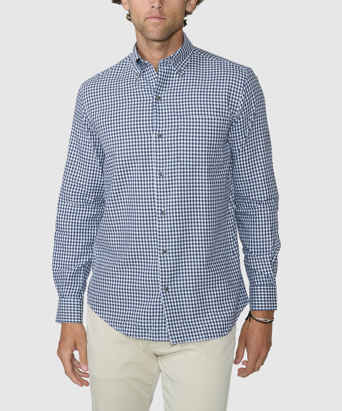 Men's long-sleeve button-down sport shirt, navy and white gingham check, front, Westport Lifestyle Men's Big & Tall