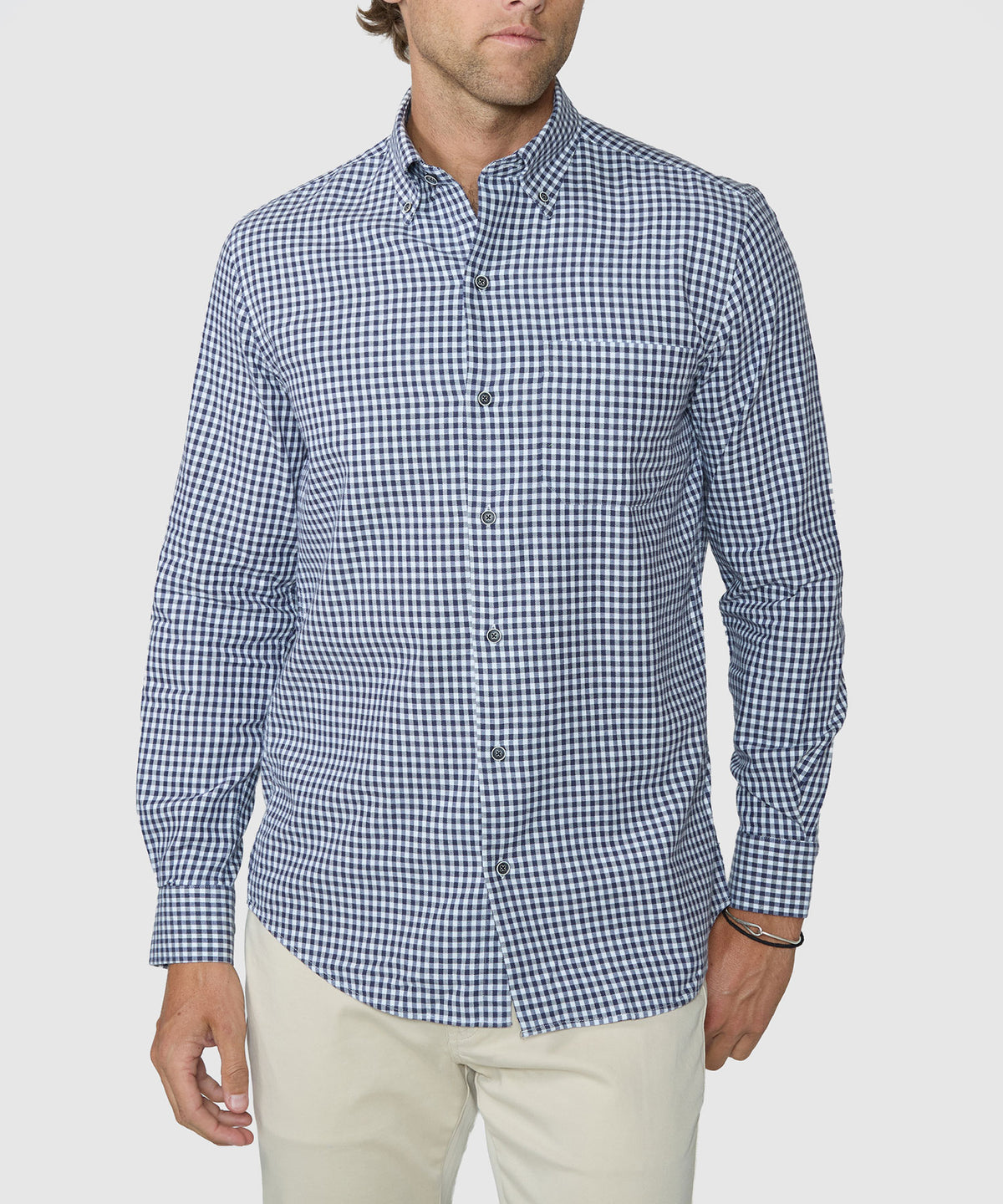 Men's long-sleeve button-down sport shirt, navy and white gingham check, buttoned, Westport Lifestyle Men's Big & Tall