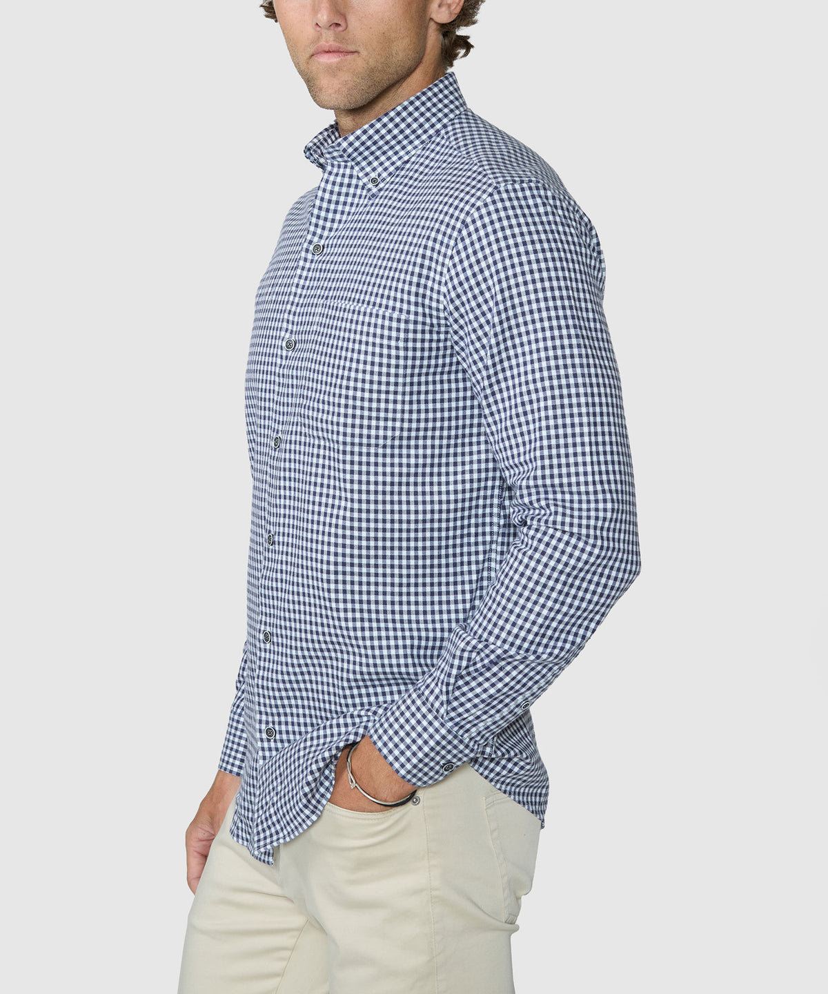 Men's long-sleeve button-down sport shirt, navy and white gingham check, side view, Westport Lifestyle Men's Big & Tall