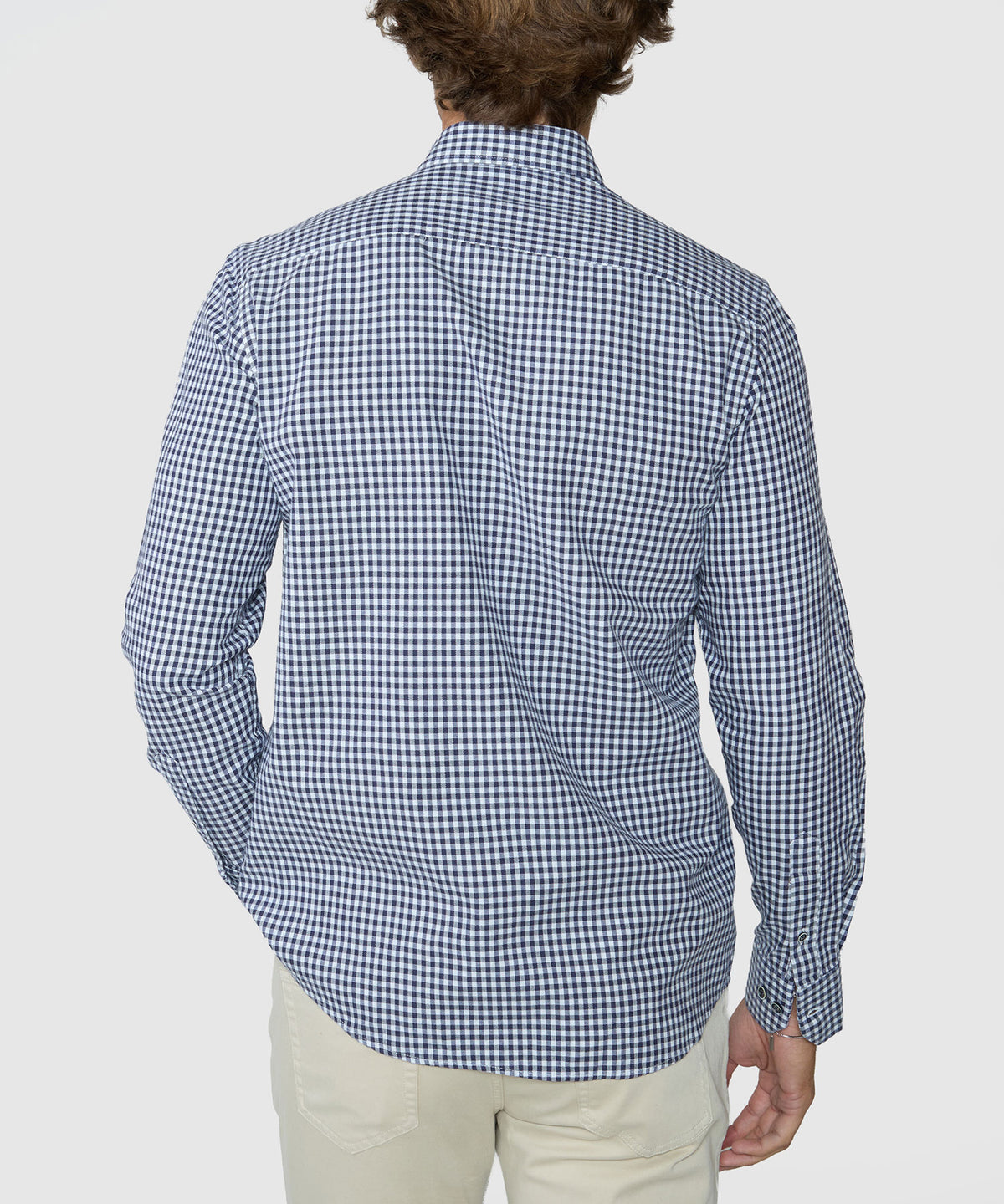 Men's long-sleeve button-down sport shirt, navy and white gingham check, back view, Westport Lifestyle Men's Big & Tall