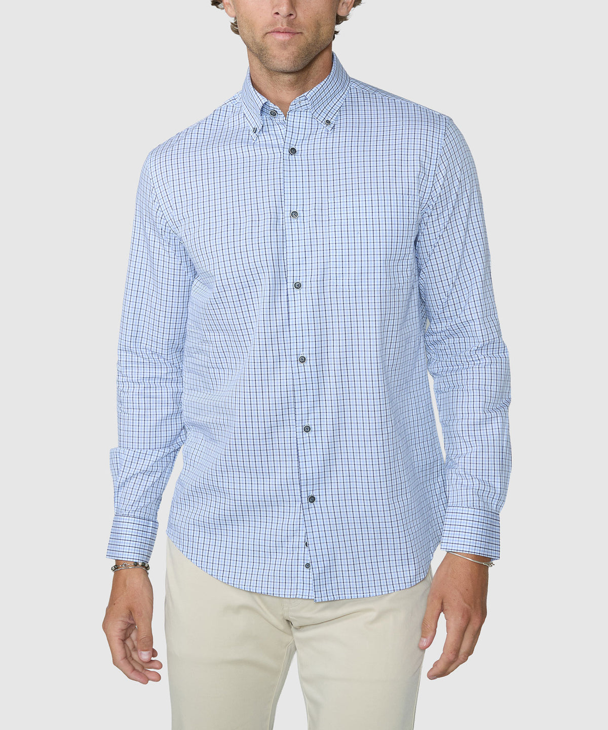 Men's blue check long-sleeve button-down shirt with button front, modeled fit, Westport Lifestyle Men's Big & Tall