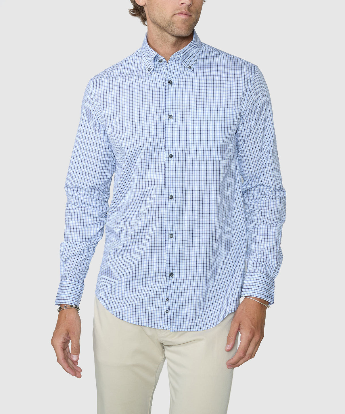 Men's blue check long-sleeve button-down shirt with button front and cuffs, Westport Lifestyle Men's Big & Tall