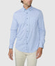 Men's blue check long-sleeve button-down shirt with button front and cuffs