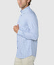 Men's blue check long-sleeve button-down shirt, side view with button placket