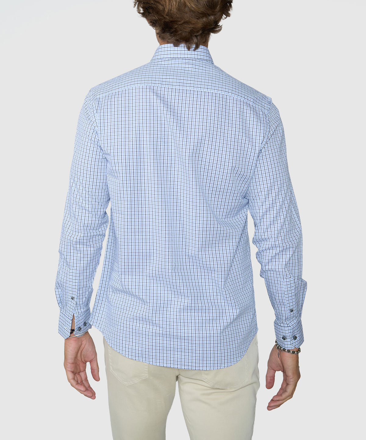 Men's blue check long-sleeve button-down shirt, back view with yoke seam, Westport Lifestyle Men's Big & Tall