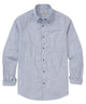 Men's blue check long-sleeve button-down shirt with button front and spread collar