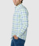 Long sleeve plaid button-down sport shirt, side profile view, button cuffs