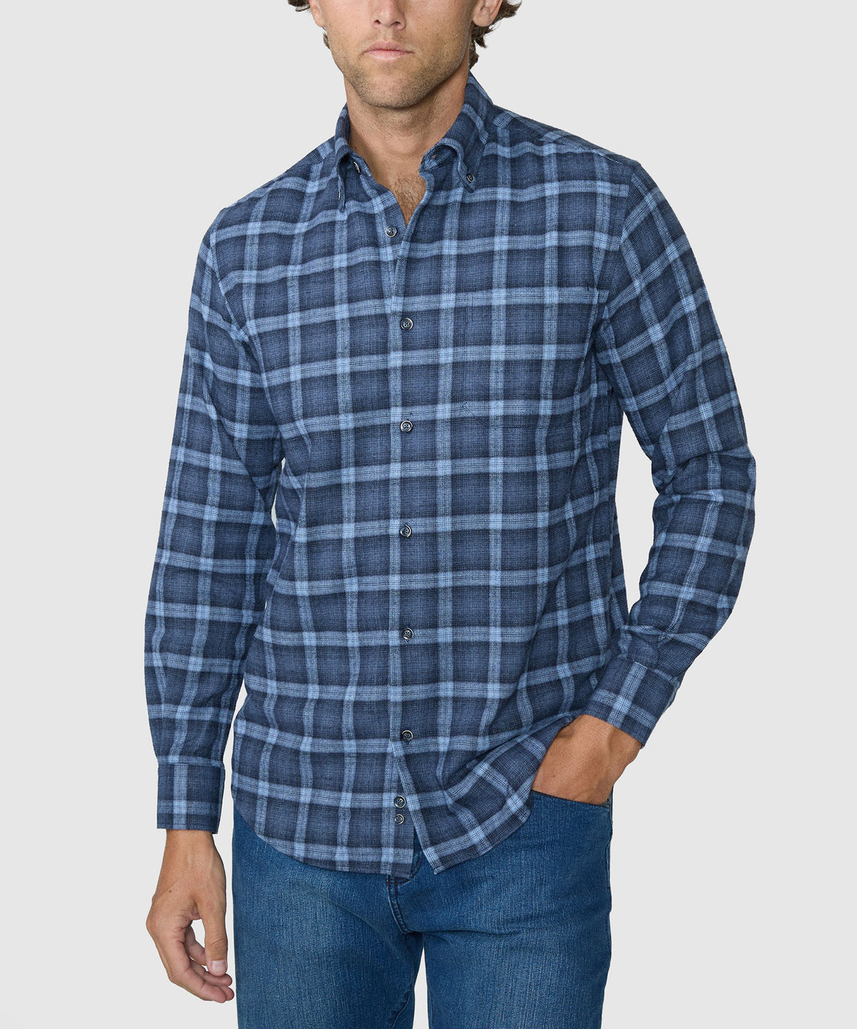 Blue plaid flannel long-sleeve button-up shirt with front button placket, Westport Lifestyle Men's Big & Tall