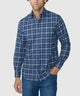 Blue plaid flannel long-sleeve button-up shirt with front button placket