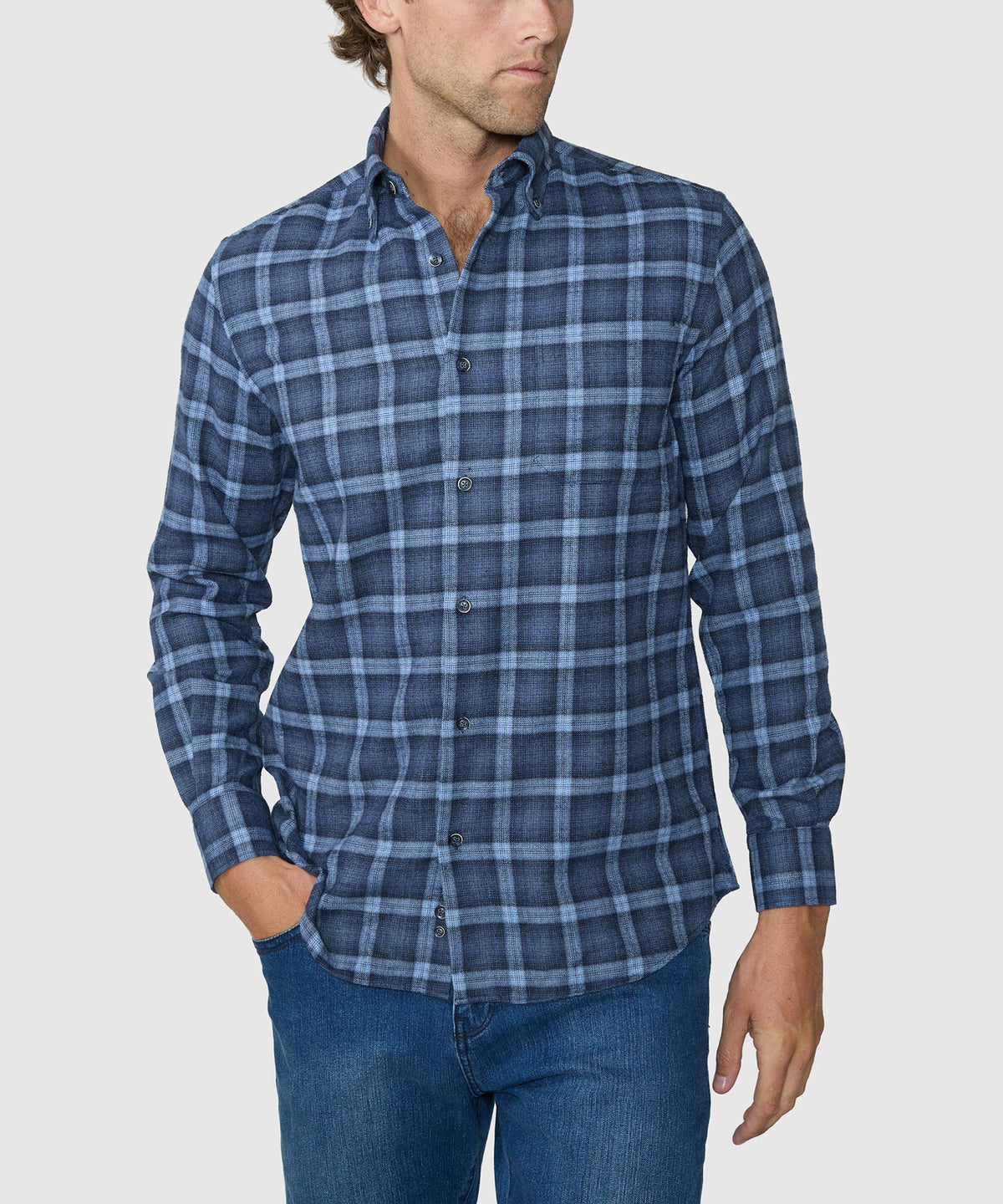 Blue plaid flannel long-sleeve button-up sport shirt with front chest pockets, Westport Lifestyle Men's Big & Tall