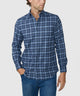 Blue plaid flannel long-sleeve button-up sport shirt with front chest pockets