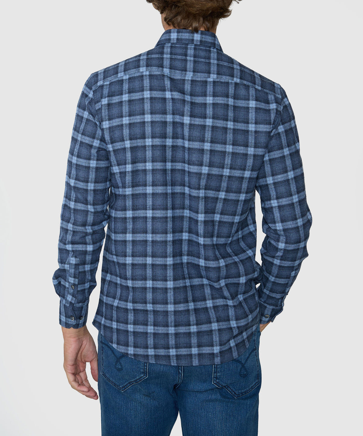 Back view of blue plaid flannel long-sleeve button-up sport shirt, Westport Lifestyle Men's Big & Tall