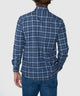 Back view of blue plaid flannel long-sleeve button-up sport shirt