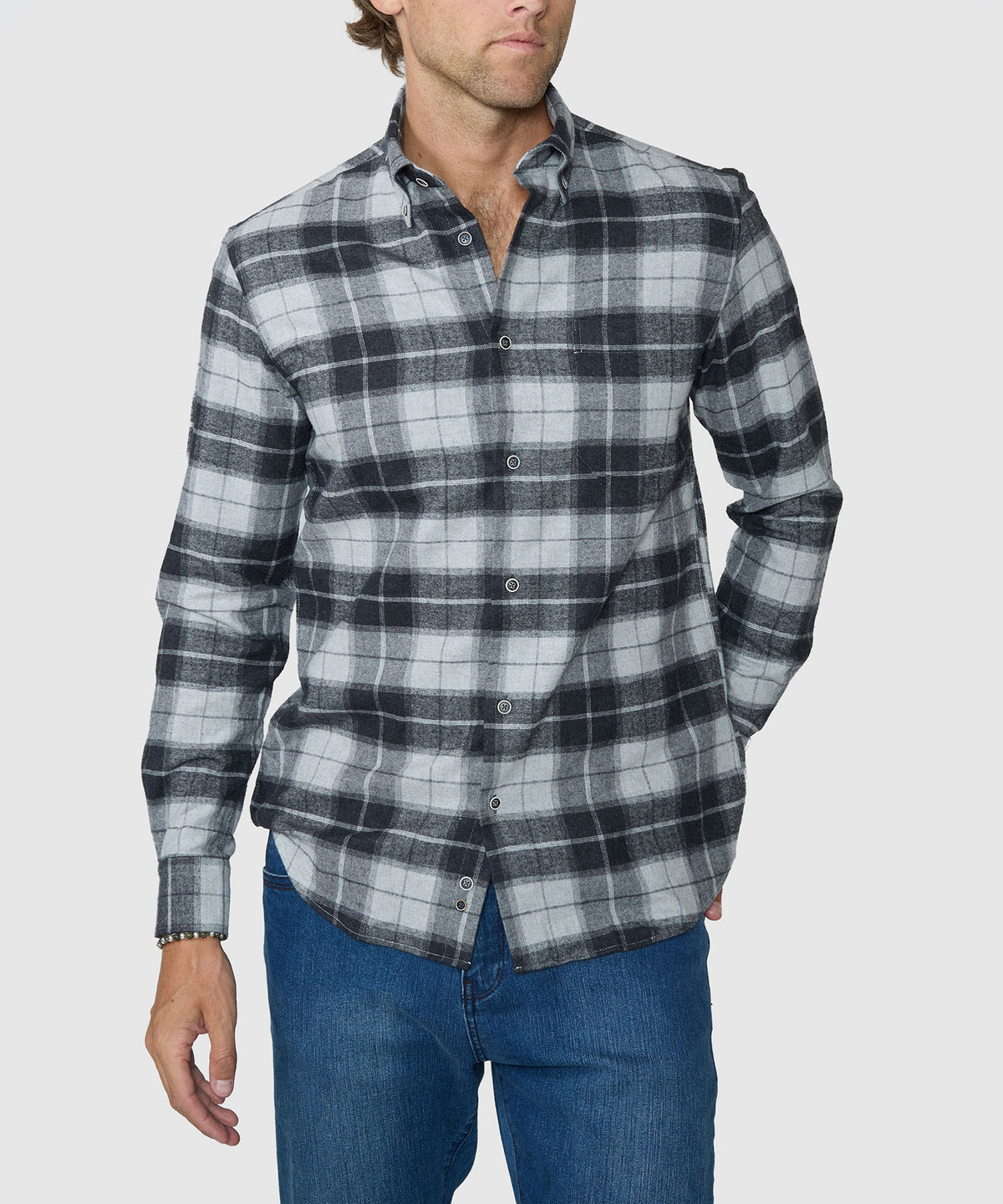 Plaid flannel long-sleeve sport shirt with button-through front and chest yoke, Westport Lifestyle Men's Big & Tall