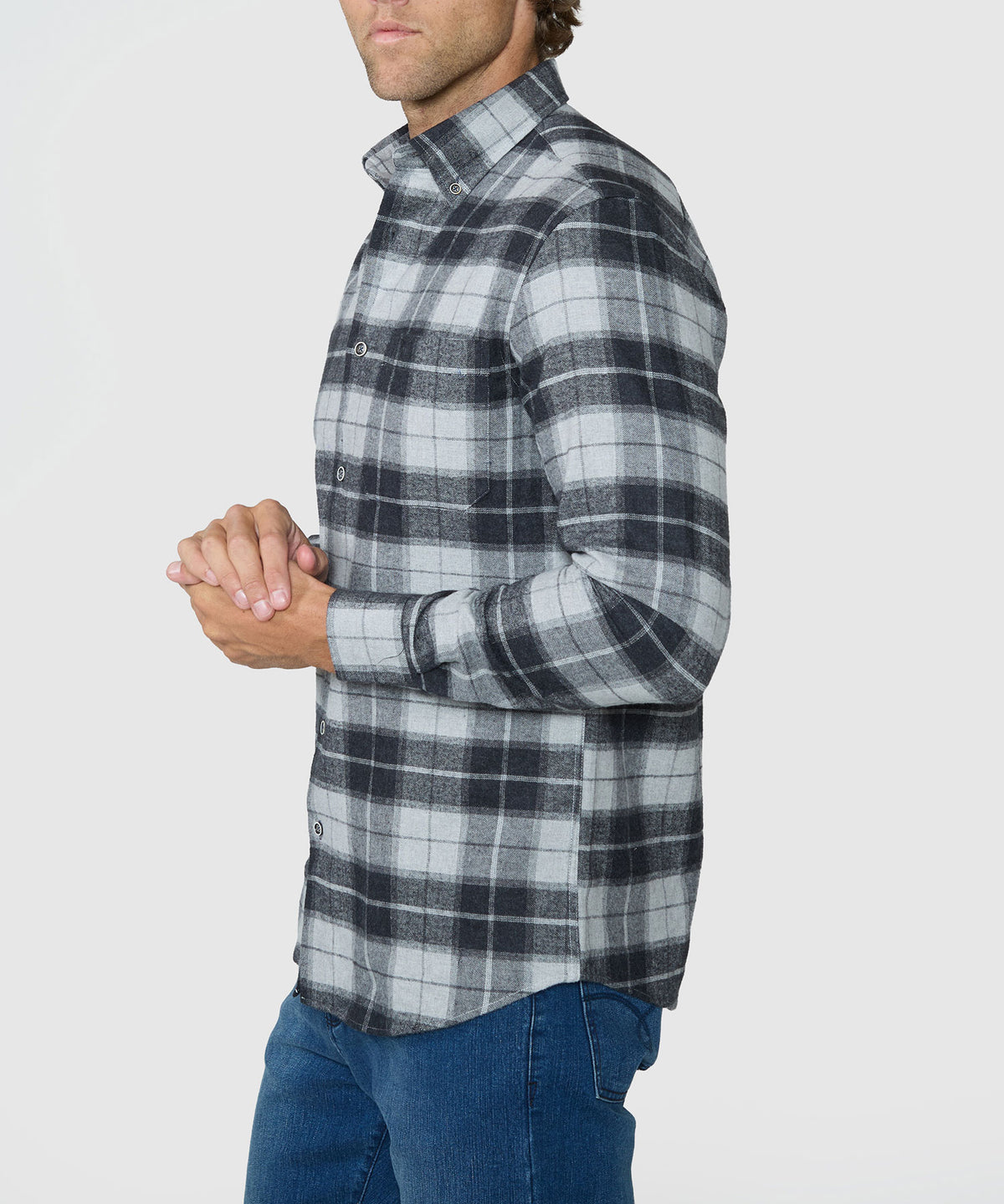 Plaid flannel long-sleeve sport shirt in black multi with sleeve buttons, Westport Lifestyle Men's Big & Tall