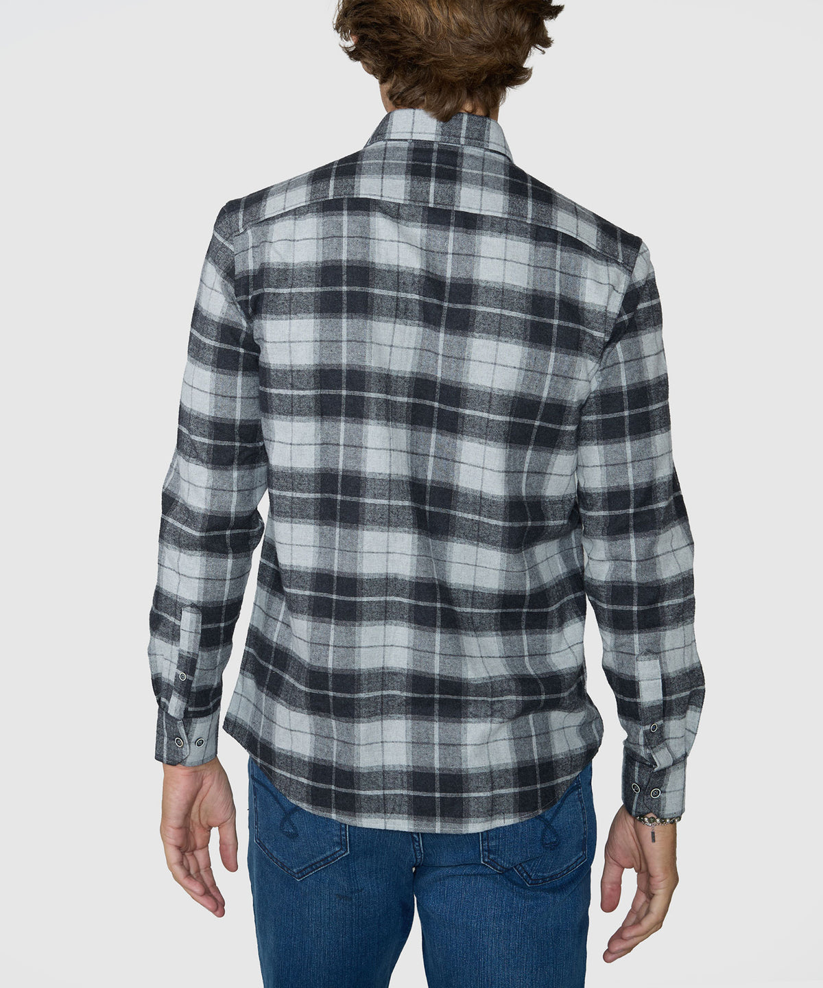 Back view of plaid flannel long-sleeve sport shirt with button front yoke, Westport Lifestyle Men's Big & Tall